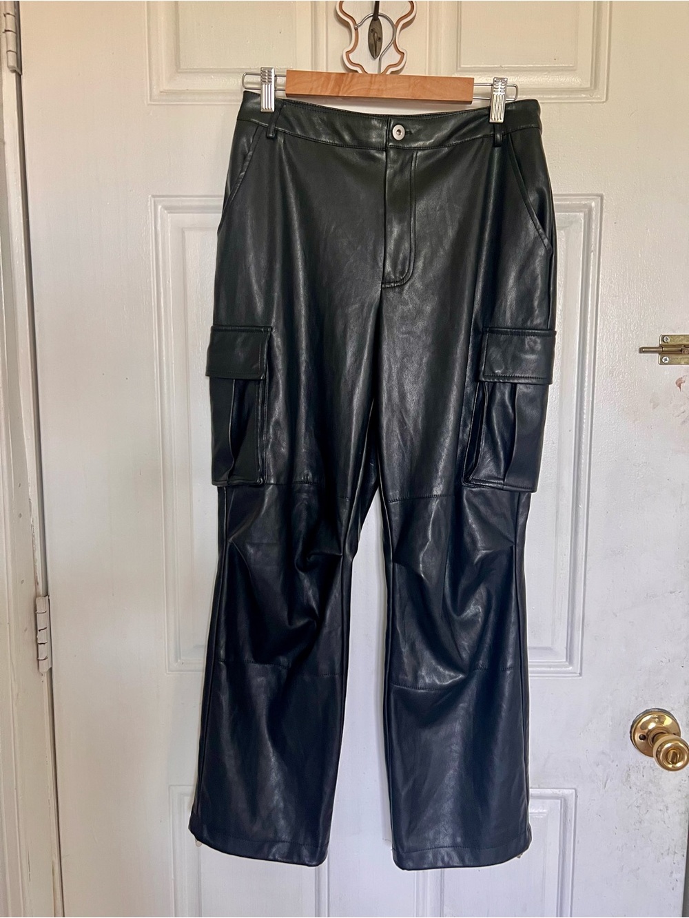 7FAM | Black Faux Leather Cargo Pants
